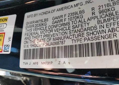 2018 Honda Accord Sport из США, поврежденный, VIN 1HGCV1F34JA068787